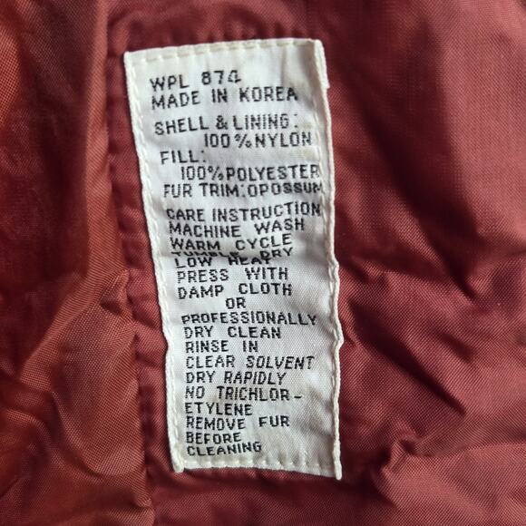 Vintage Quilted Jacket Womens Size 12 Real Fur Collar Long Rust Burnt Red Belted - Picture 6 of 11